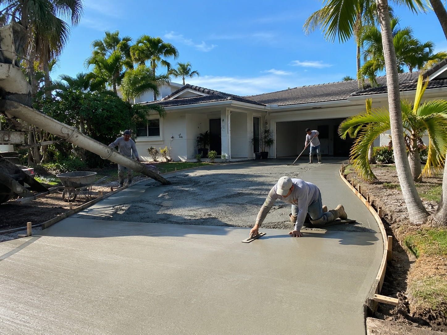freshly finished concrete driveways at a Miami home