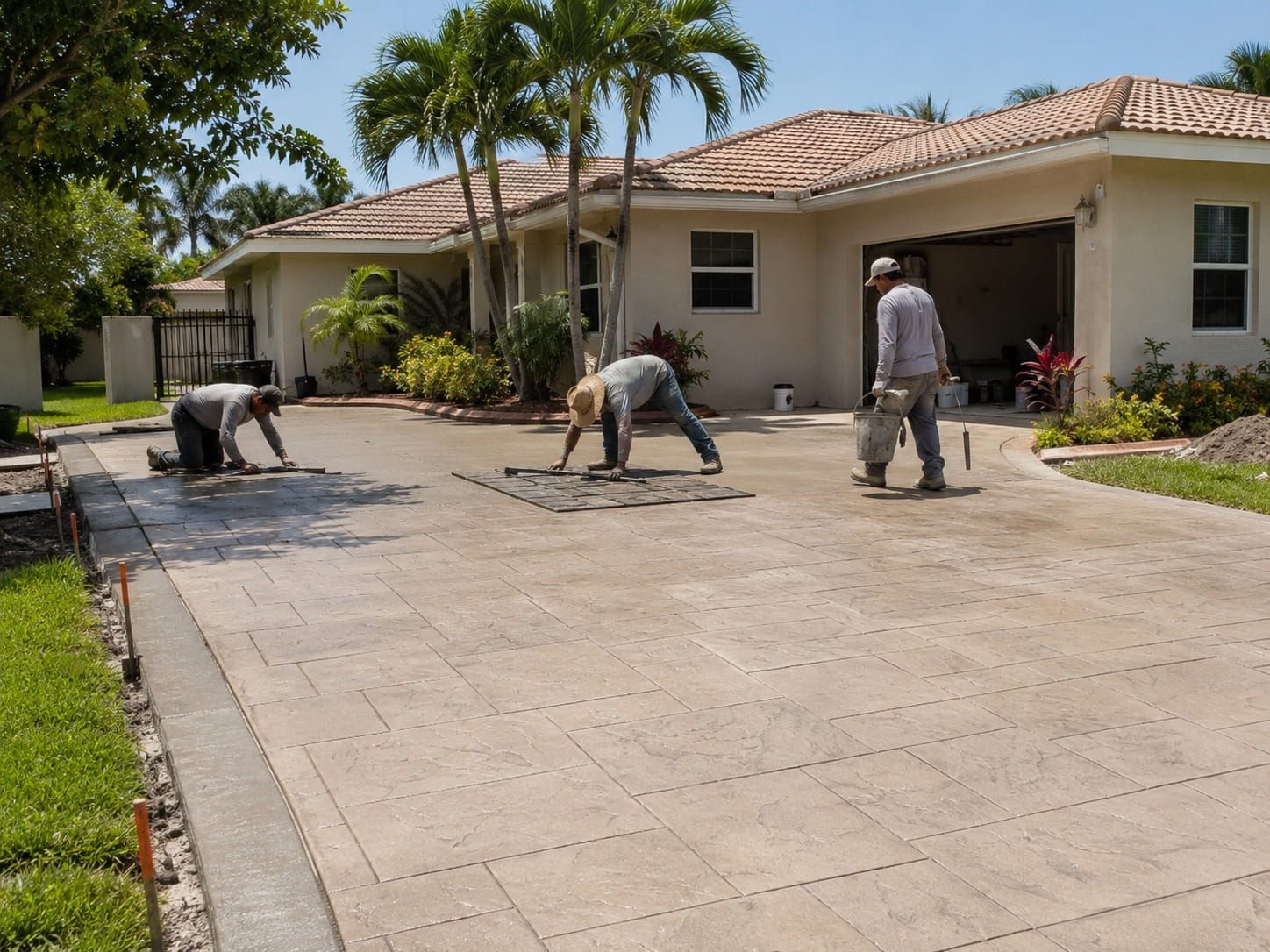 crew stamping a decorative pattern into a fresh concrete driveway in Miami